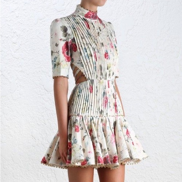 Zimmermann Dresses & Skirts - Zimmermann Mischief Cream Floral Pintuck Mini Dress w/Pink Roses Corset Back